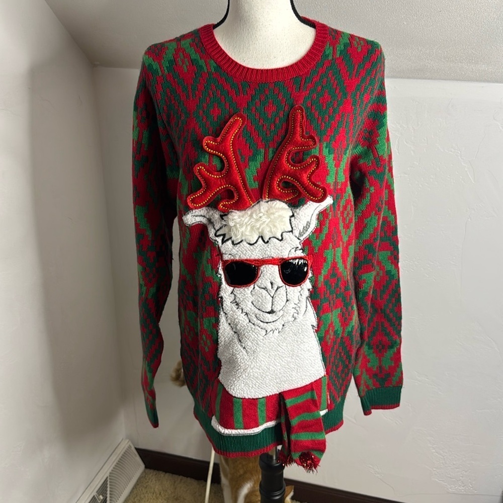 Holiday Time Ugly Sweater Llama with sunglasses scarf and tail Men's Size M